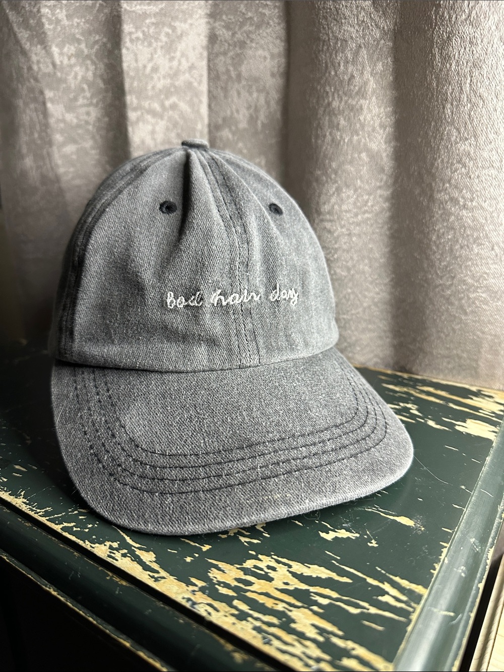 Bad Hair Day -Charcoal Denim Embroidered Baseball Cap